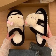可爱卡通猫咪拼接毛毛拖鞋女2025秋冬季新款外穿踩屎感舒适棉拖鞋