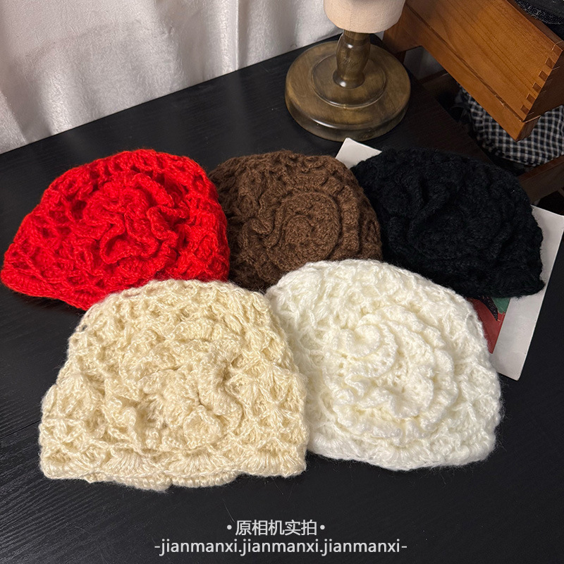 立体花朵镂空包头帽子女秋冬手工钩花立体针织帽优雅时尚单品百搭|undefined