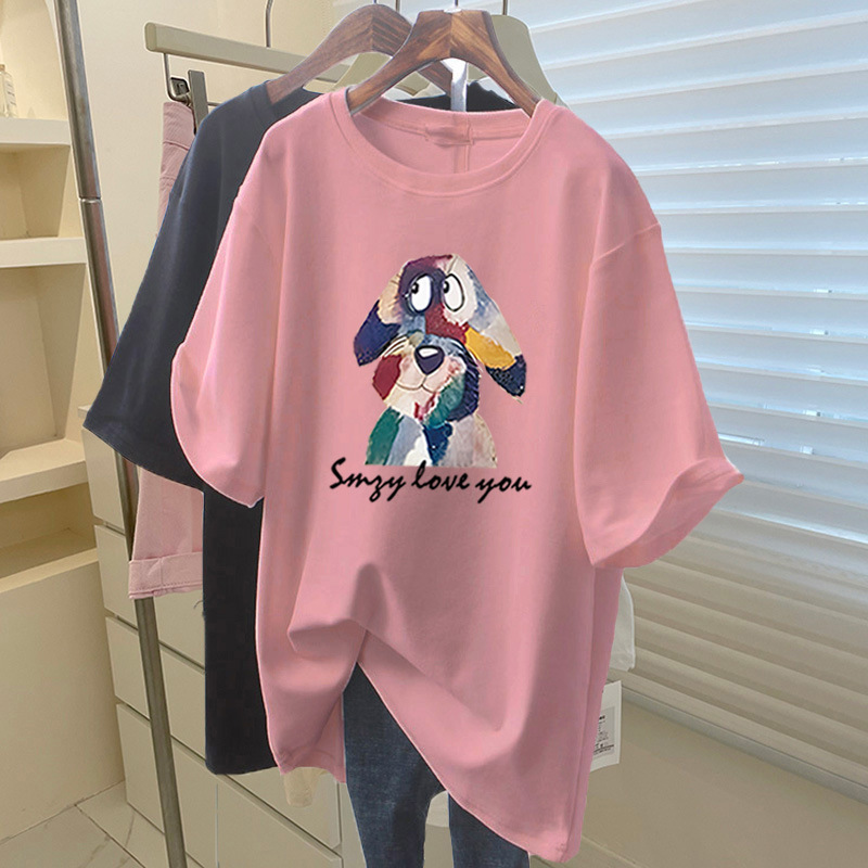 サメパンツ付き純綿半袖Tシャツレディースミドル丈ゆったりカジュアル大きいサイズトップスピンクボトムシャツ夏|undefined