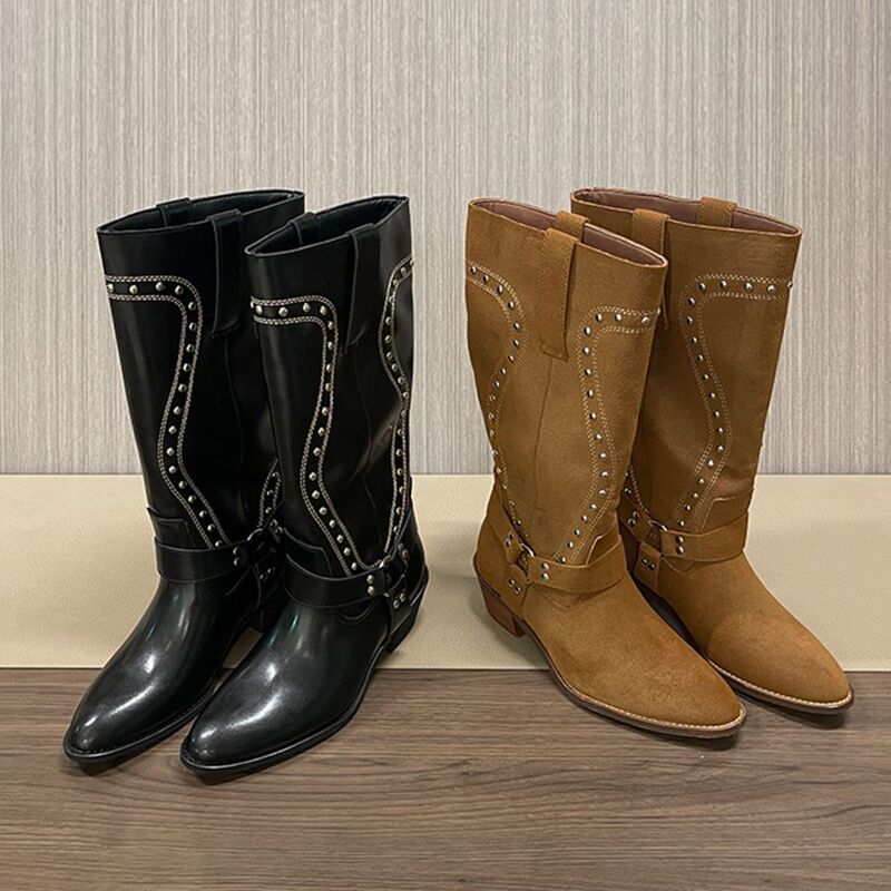 Western Women's Boots, Retro Rivet High Knight Boots, Women's Thick Heels, Fashionable Over-The-Knee Thigh-High Boots
