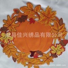 国境を越えた感謝祭オレンジ色の紅葉カボチャ刺繍透かし彫りテーブル旗円形食マット源工場卸売り