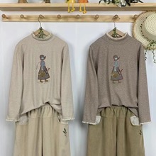 823531秋冬新款 森系甜美立领卡通女孩绣花长袖T恤棉打底