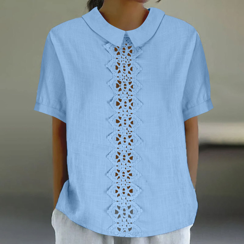 綿麻の網のレースの独立した駅の新型のゆったりした襟のシャツの女性の半袖の上着のtシャツをつなぎ合わせます。|undefined