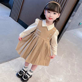 女童连衣裙春秋2025新款儿童衣服网红女宝宝装假两件裙子百褶裙