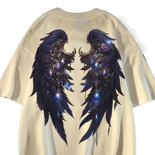 Summer unisex kids American retro dark wings print t-shirts for big kids oversize streetwear tops
