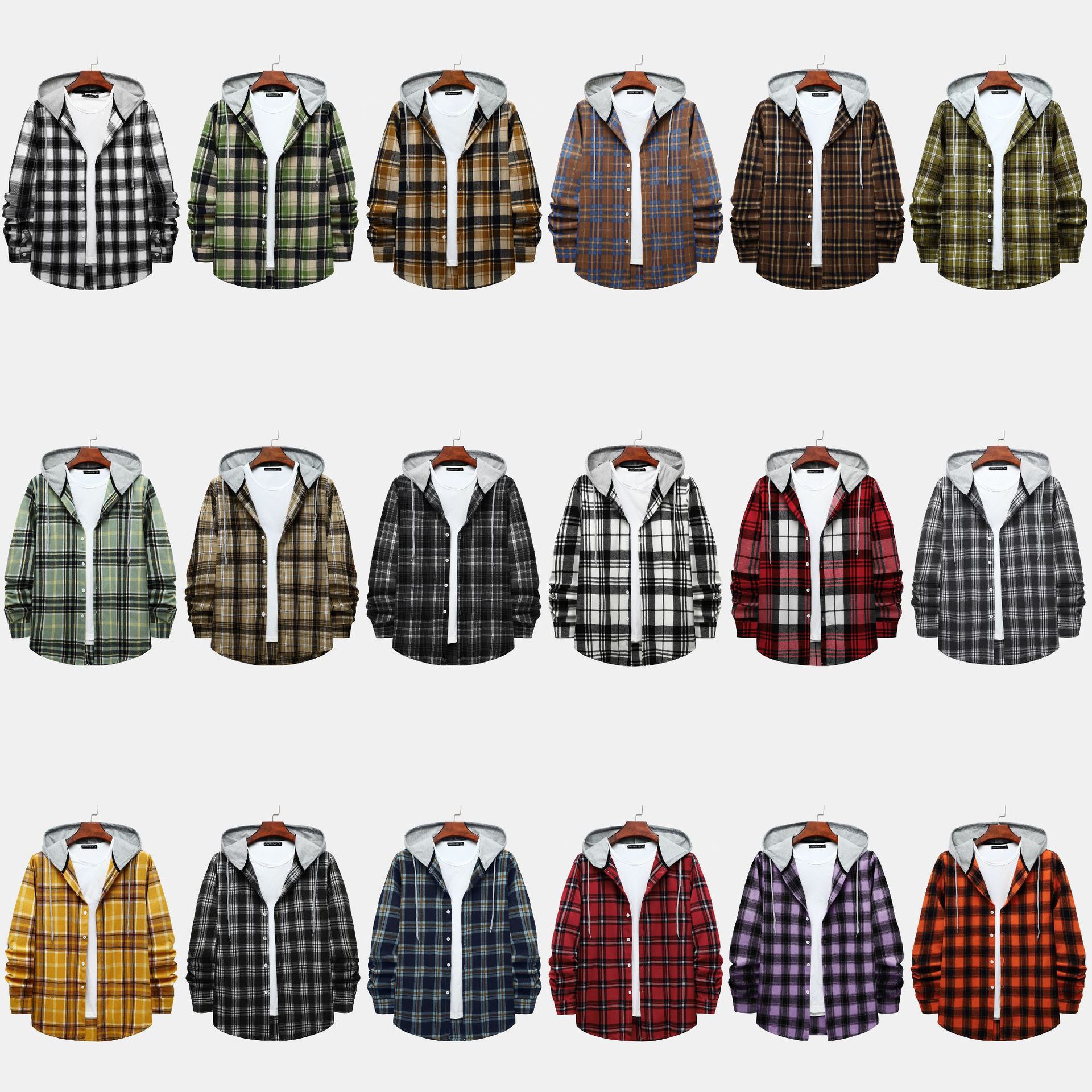 Camisa a cuadros con capucha transfronteriza para hombres 2023 Comercio exterior otoño Harajuku estilo camisa a cuadros con capucha para hombres camisa casual estilo Hong Kong