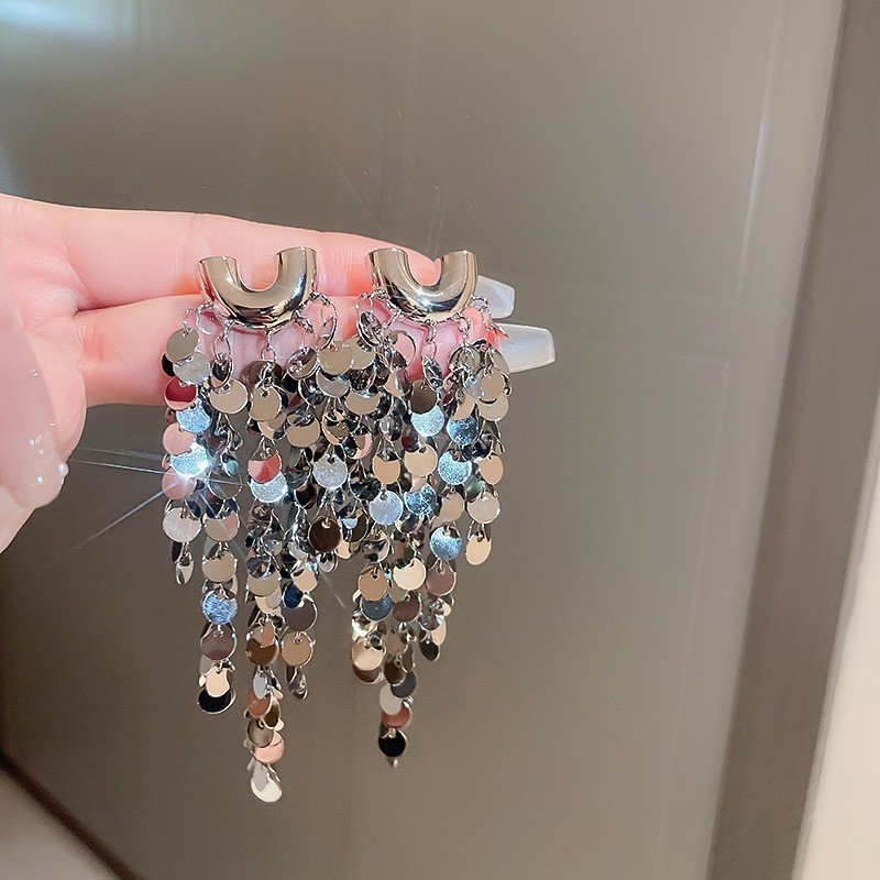 Silver Needle Geometric Sequin Tassel Earrings For Women Fashion_voghion.com