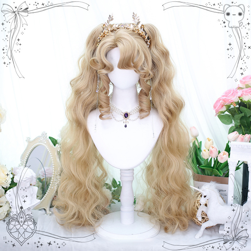 Wig for Women, Full Headpiece, Natural and Sweet Lolita Oil Painting Style, Bangs, Double Ponytails, Short Curly Pink Gold Lolita Wig