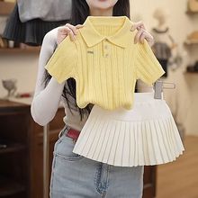 韩版女宝宝夏季新款时髦洋气鹅黄色针织polo短袖百褶裙两件套潮款