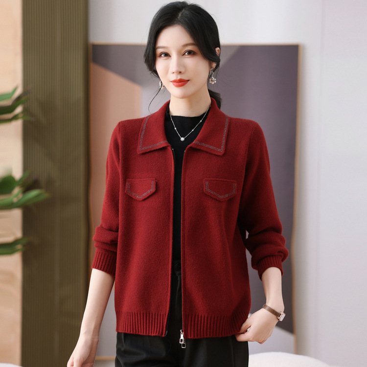 新款洋气毛衣女外套中老年上衣时尚妈妈装翻领针织衫开衫春装|undefined