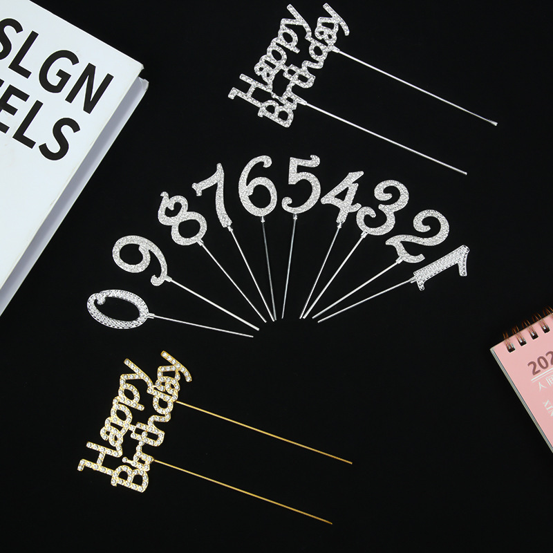 Cross-border small red book with rhinestone English happybirthday digital cake decoration goddess birthday plug-in