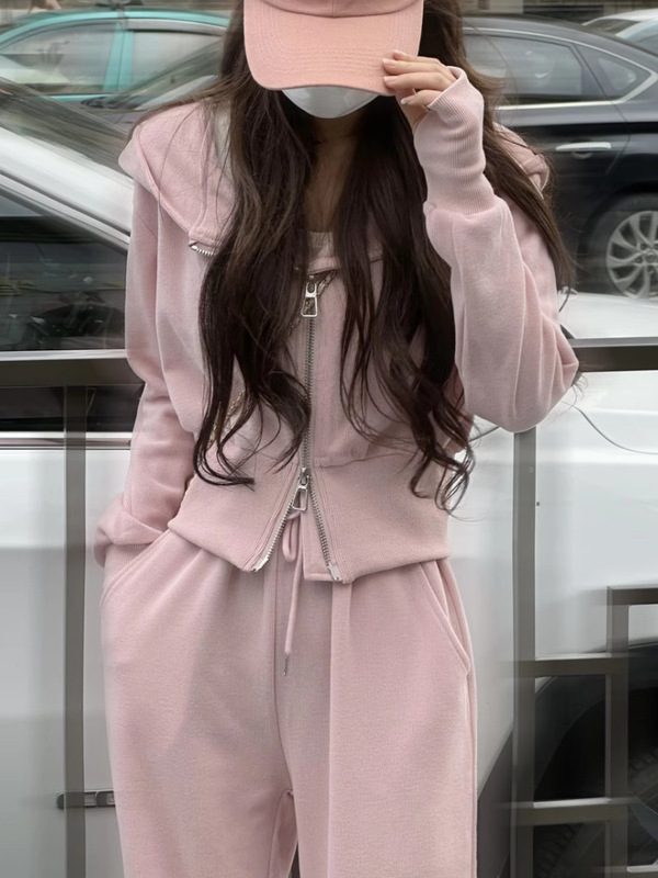 休闲风运动套装女春秋新款时尚连帽卫衣外套高腰抽绳阔腿裤两件套|undefined