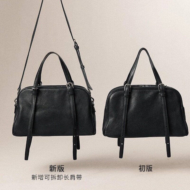 Qiu Zhen Youyou Bowling Bag, Vegetable-Tanned First-Layer Lambskin, Women's Retro Casual Large-Capacity Genuine Leather Handbag/Shoulder Bag