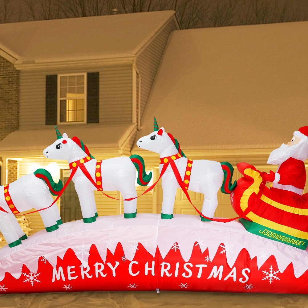 Modelo inflable de decoración navideña caliente transfronterizo 3 metros 3 unicornios carro LED de tracción juguete luminoso inflable