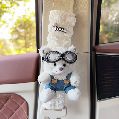 Seat belt shoulder pad — Shoulder Cover Plush Bear Car - white-bear-light-blue-suspender-pants-bear-one-puff-plaid-shoulder-pad