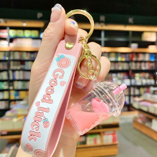 Creative fruit strawberry pineapple milk tea cup key chain floating quicksand into oil pendant car key chain bag pendant