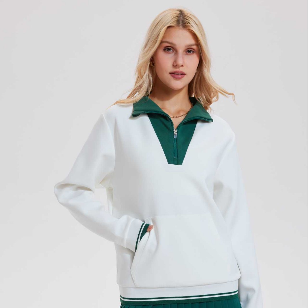 Transfronterizo amazon americano camiseta deportiva de alta calidad otoño invierno retro empalme con solapas de manga larga camiseta casual para mujeres image 6