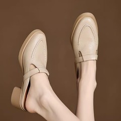 5cmの超ソフトシープスキン厚底厚底ヒールトゥハーフスリッパ、女性用春夏疲れにくいサンダル、本革ハイヒールミュール