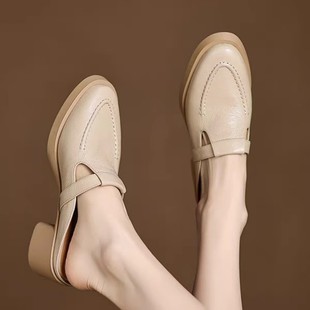 5cm Super Soft Goatskin Thick-Soled Thick-Heeled Toe-Cap Half Slippers for Women in Spring and Summer, Non-Tiring Foot Sandals, Genuine Leather High-Heeled Mule Shoes