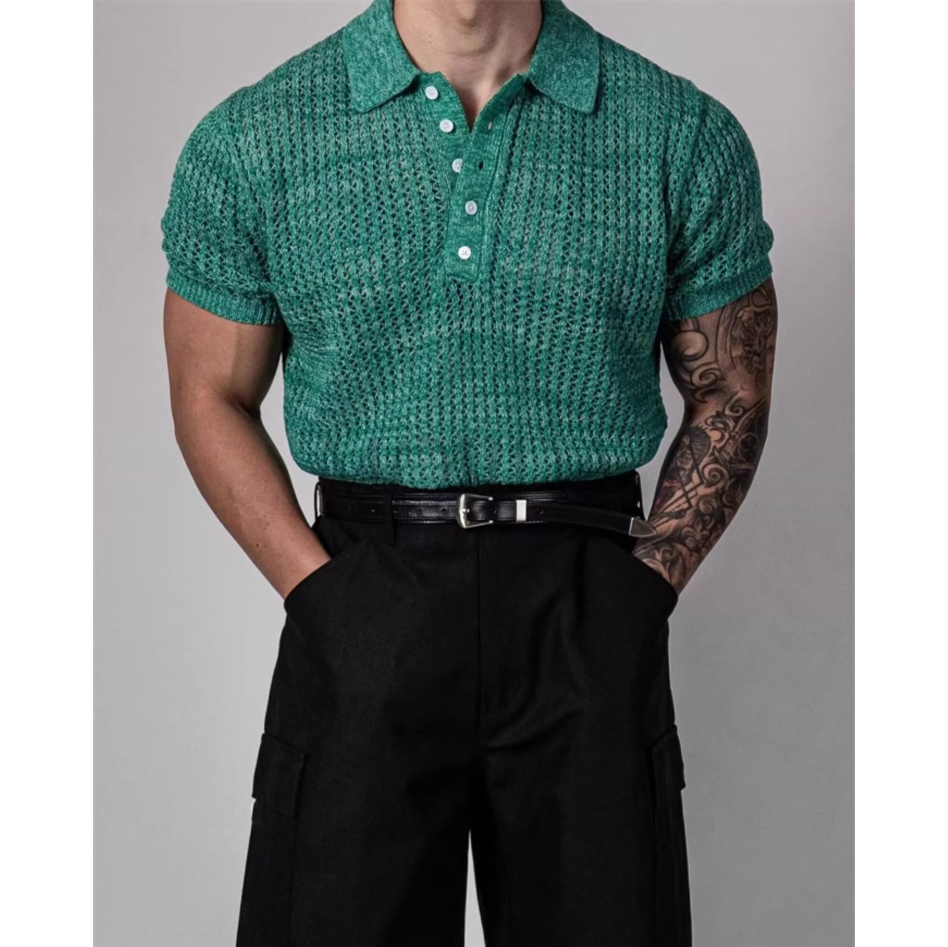 Polo camiseta de punto camiseta de manga corta camiseta de hombre solapa hueco textural viejo dinero viento hielo seda fábrica transfronteriza al por mayor