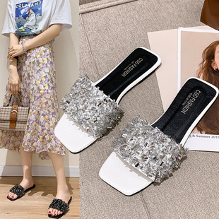 Foreign Trade Fashion Rhinestone Flat Slippers Women's Summer New One Pedal Home Rhinestone Slippers Slippers