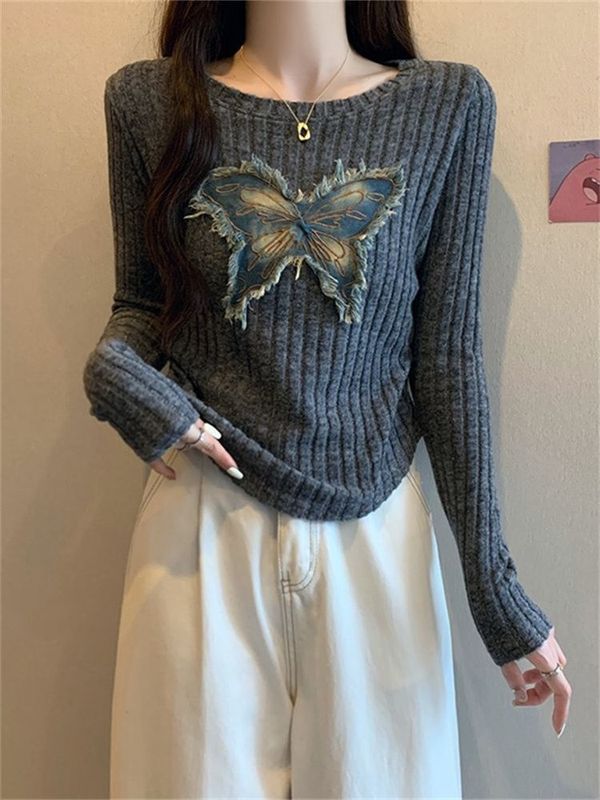 ホットガールスリムバタフライパッチショルダー長袖Tシャツレディース秋冬デザインスリムインナーレイヤリングシャツトップトレンディ|undefined
