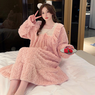 Plush Pajamas Women's Winter fleece-lined Thickened Warm Girly Princess Style Long Sleeve Mid-Length Nightgown plus size Home Clothes