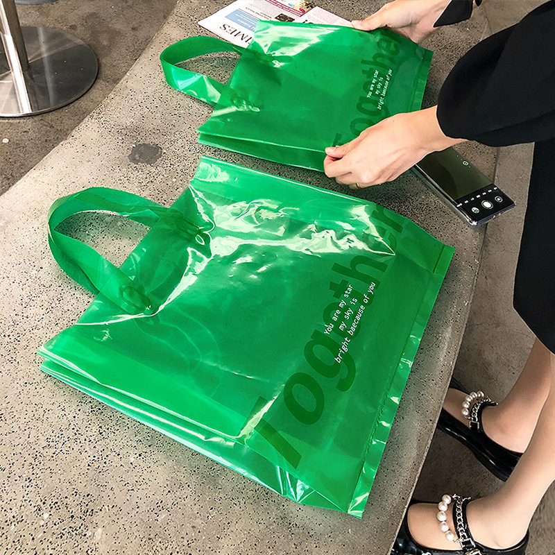 Green Translucent Plastic Tote Bag, Cool Tone Packaging Bag for Clothing Gift Store, Practical, Good Looking, Fashionable Handheld Bag