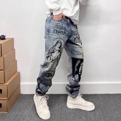 トレンディなブランドのハイエンドレトロブルーマイクロダメージジーンズメンズアメリカンハイストリートグラフィティプリントルーズストレートロングパンツ