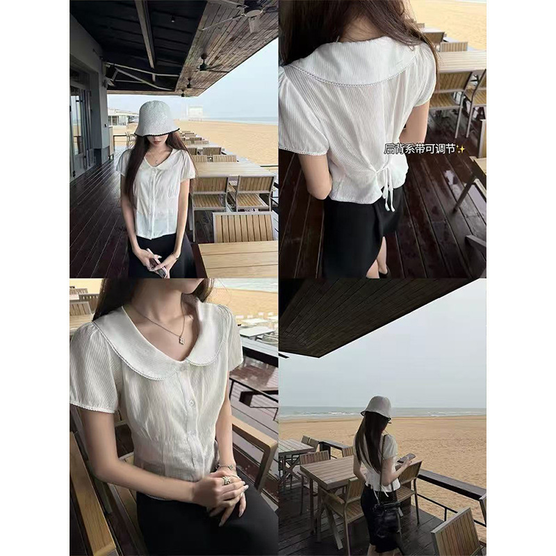 Sweet Doll Collar Single-Breasted Short-Sleeved Shirt for Women, Summer Design with Back Tie, Short Cardigan Top Sweet Doll Collar Single-Breasted Short-Sleeved Shirt for Women, Summer Design with Back Tie, Short Cardigan Top