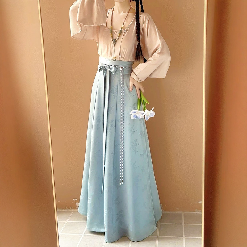 Original Hanfu Women's 2025 New Spring and Summer Tang Tencel Turtleneck Shirt Jacquard Eight Broken Skirt Daily All-match suit