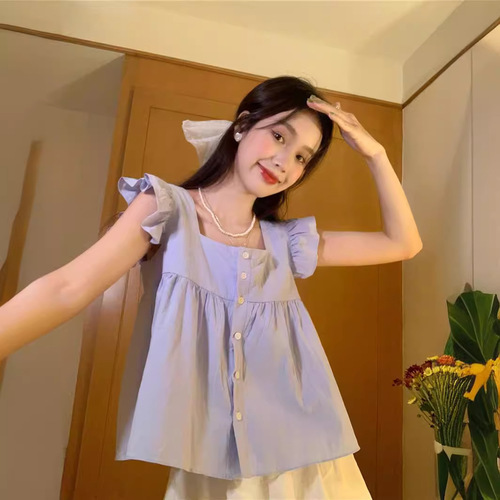 Short-sleeved New Summer Dress Hot Girl 2024 Square Neck Short Feifei Sleeve Floral Chiffon French Plaid Navel Top