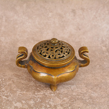 宏达 黄铜复古包浆官耳铜香炉 家居供奉盘香炉铜器摆件