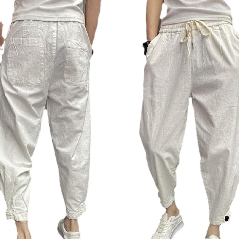 Pantalon décontracté d'été pour jeunes, en coton et lin, coupe ample avec petites jambes, pantalon pour homme de marque tendance chinoise en lin, 2024_voghion.com