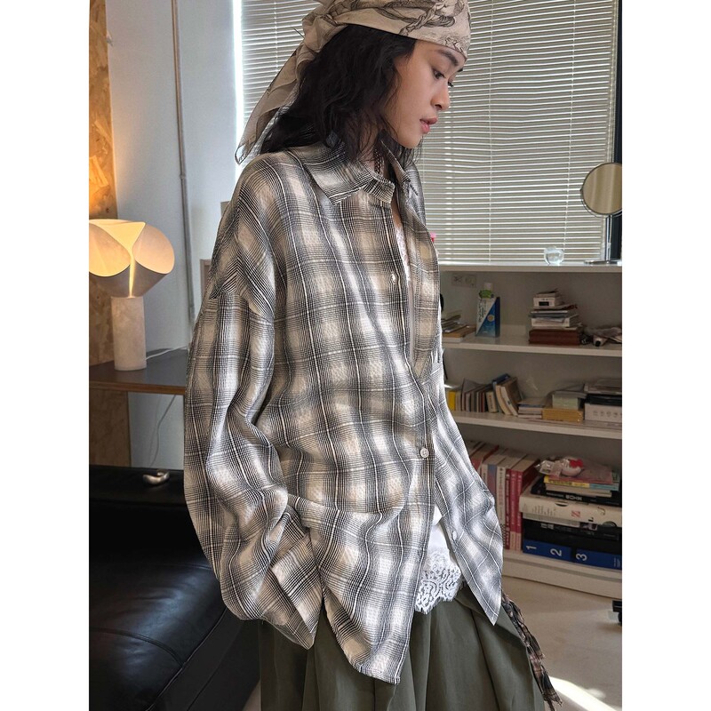Louvre Spring and Summer New Japanese-Style Fashionable Casual Oversized Single-Pocket Plaid Shirt Layered Top for Women