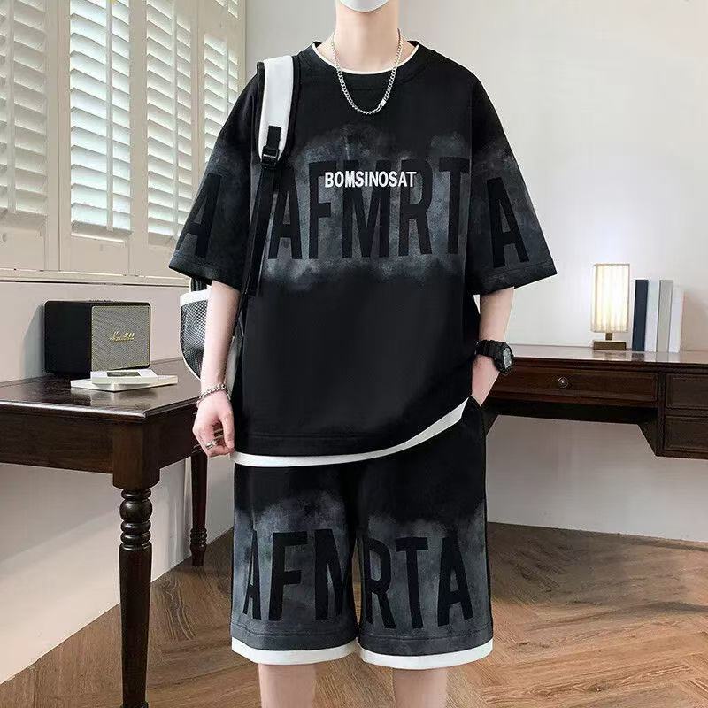 American High Street Short-Sleeved T-Shirt Men's Shorts Casual Suit Men's Summer Youth Fake Two-Piece Wear with a Complete Set