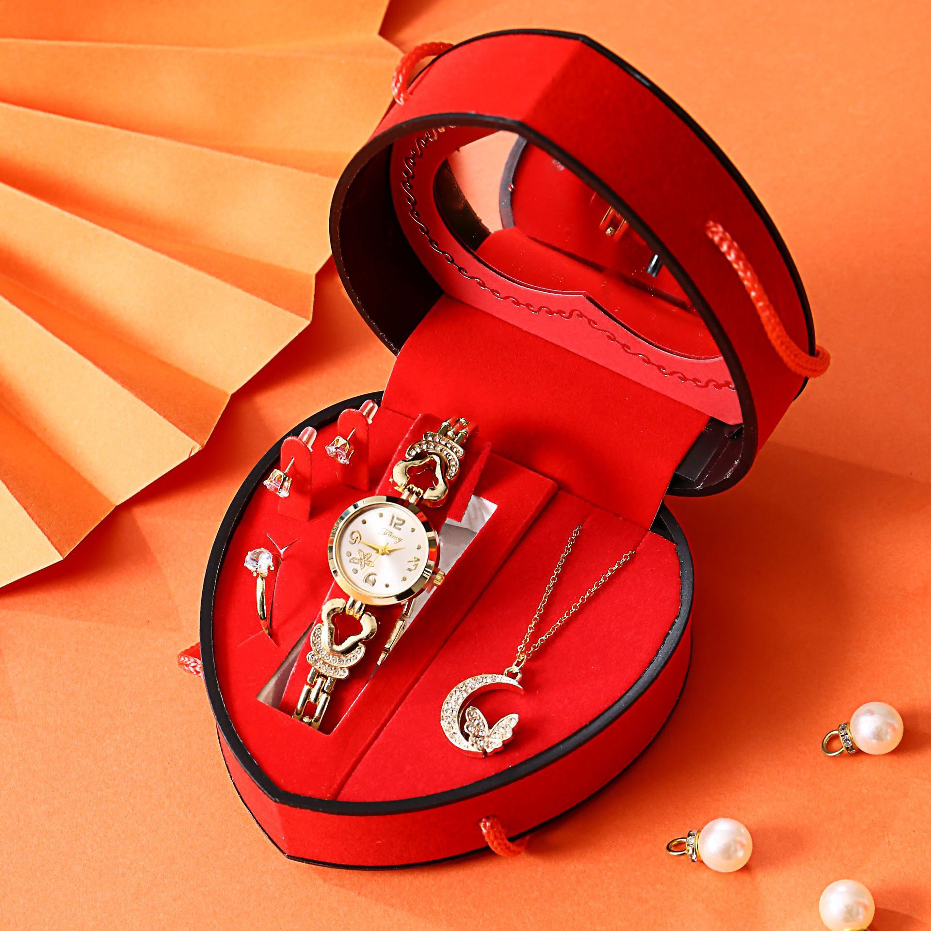 Transfronterizo completo reloj de diamante collar conjunto de amor caja de regalo de acero inoxidable día del maestro 520 regalo de vacaciones de novia