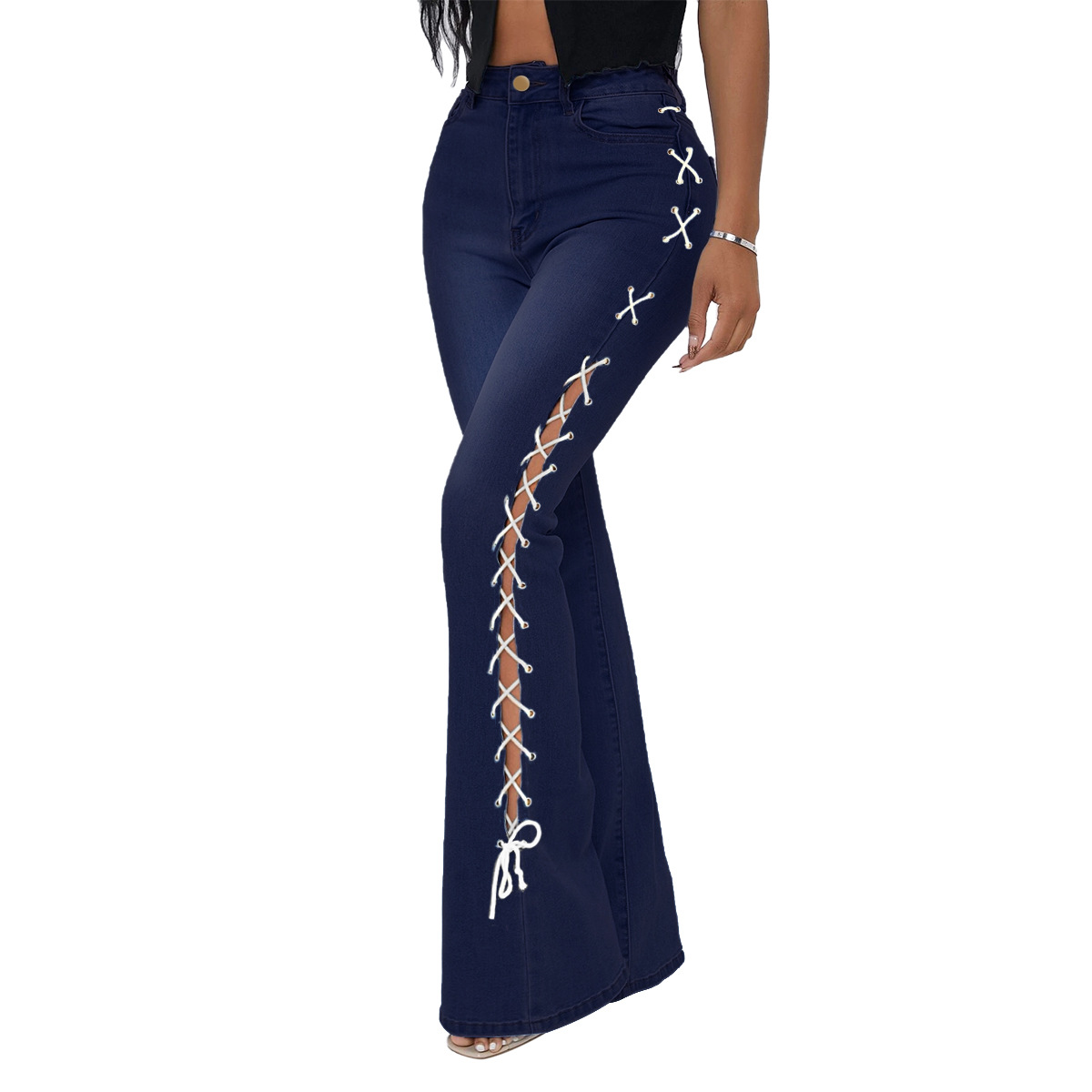 Plus Size High Slit Strappy Flared Jeans NSWL97564