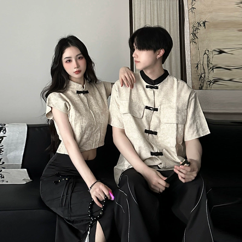 Новые китайские мужчины и женщины в китайском стиле с воротником в стиле жаккардовая рубашка