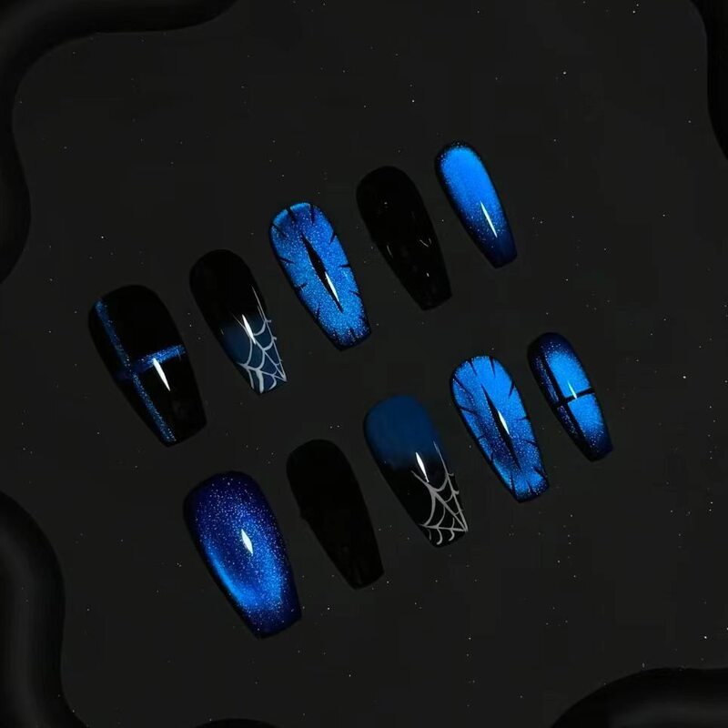 Blue and black cat-eye spider web press-on nails Halloween dark style unique sexy false nail patches cross-border factory Blue and black cat-eye spider web press-on nails Halloween dark style unique sexy false nail patches cross-border factory