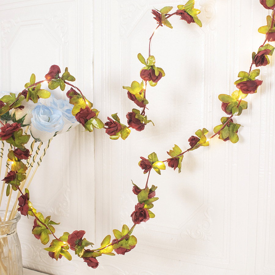 Simulación rosa lámpara de ratán decoración de ratán hotel de flores enrollado falso arte floral seda luz de colores luz intermitente decoración luz de alambre de cobre