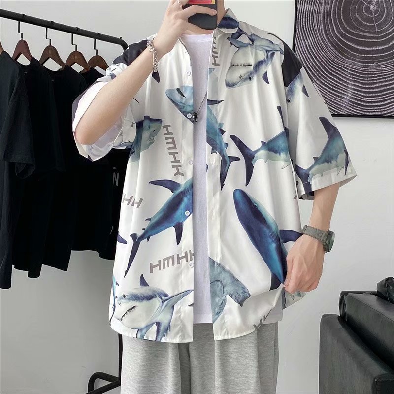 Camisa de manga corta de verano de los hombres perezoso estilo ruffle guapo ins estilo de Hong Kong marca de moda delgada capa media manga camisa 1239