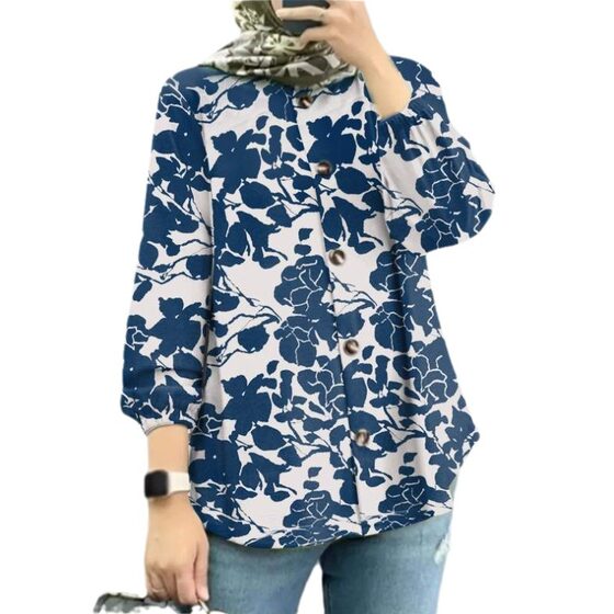 Female Tops 2023 Women's Muslim Floral Shirt Robe Fashion Puff Sleeve Petticoat Bohemian Casual Wide