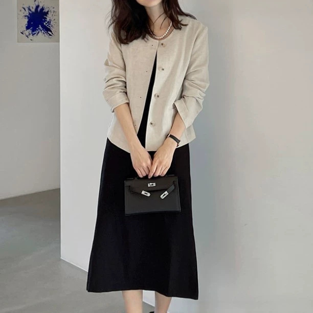 2026 Spring and Autumn New Korean Chic Linen Top Cardigan Jacket Solid Color Chanel-Style Coat for Women