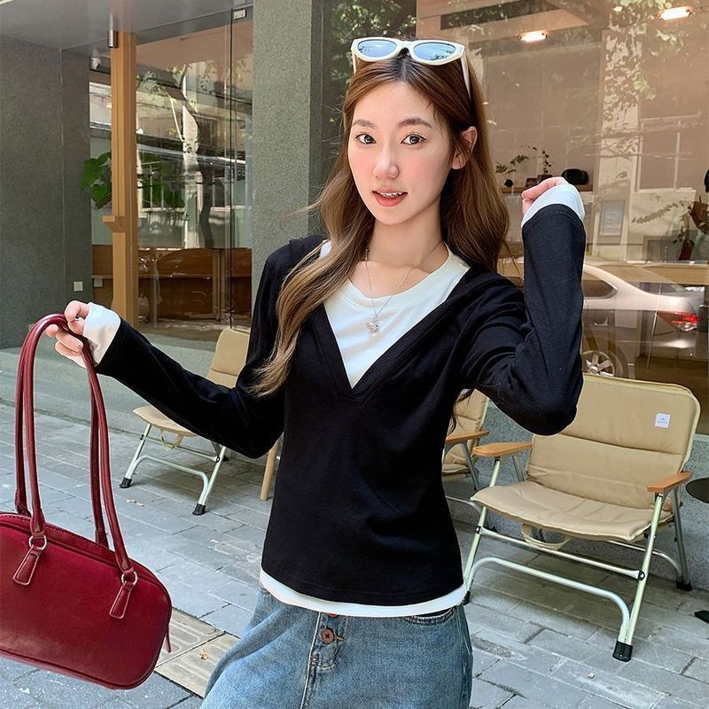 假两件打底女2025早秋季新款高级感设计撞色长袖T恤连帽小衫上衣|undefined
