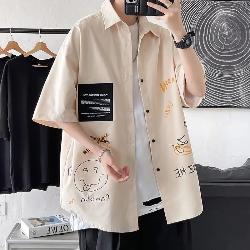 Japanese-style Hong Kong-style Shirt Men's Ins Summer Casual All-match Short-sleeved Graffiti Printed Trendy Shirt Short-sleeved Trendy Jacket Japanese-style Hong Kong-style Shirt Men's Ins Summer Casual All-match Short-sleeved Graffiti Printed Trendy Shirt Short-sleeved Trendy Jacket