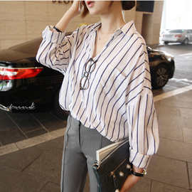 秋装新款韩版大码长袖条纹棉麻衬衣女韩范中长款宽松打底衬衫欧美
