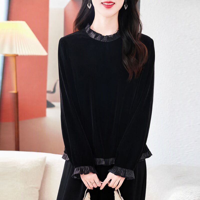 Silk Velvet Shirt for Women, Long-Sleeved, 2026 New Autumn Style, High-End Lace Collar, Ruffled Edge, Mulberry Silk Blouse