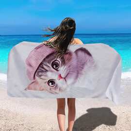 跨境戴帽子的可爱的猫咪沙滩巾海边游泳浴巾健身运动毛巾厂家直销