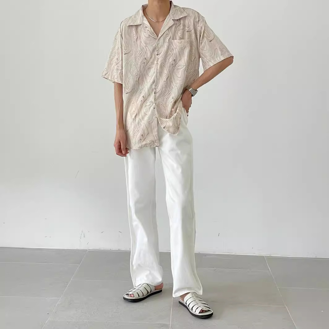 Camisa de manga corta con patrón de onda vintage de gama alta Camisa casual de textura de estilo occidental suelta perezosa de nicho de verano para hombres